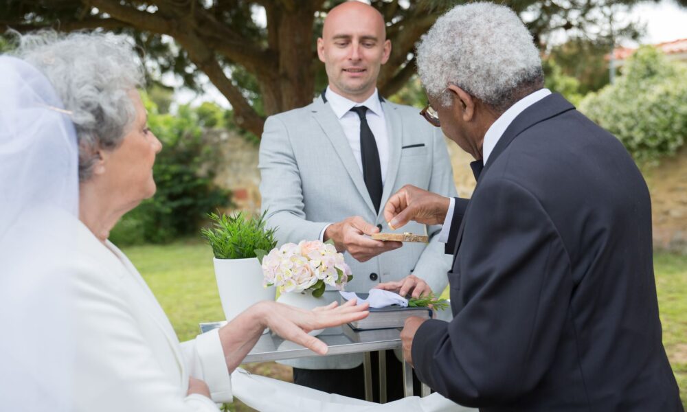 man putting a ring on his bride