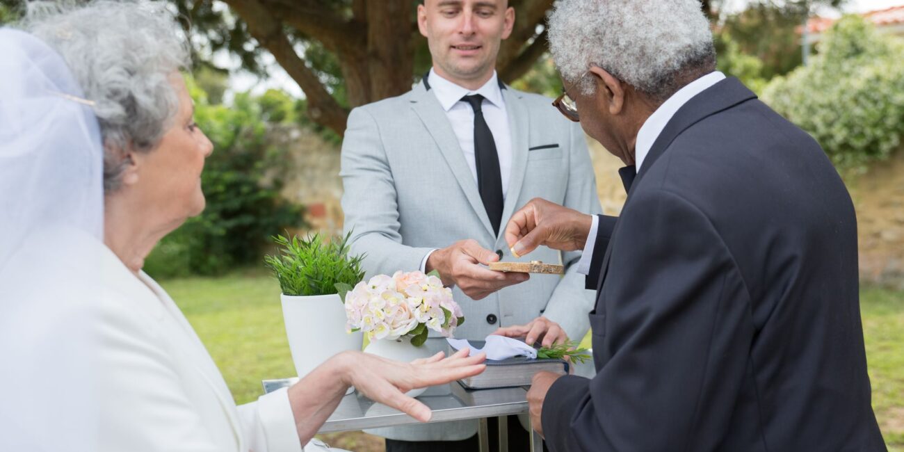 man putting a ring on his bride
