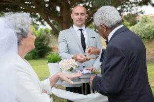 man putting a ring on his bride